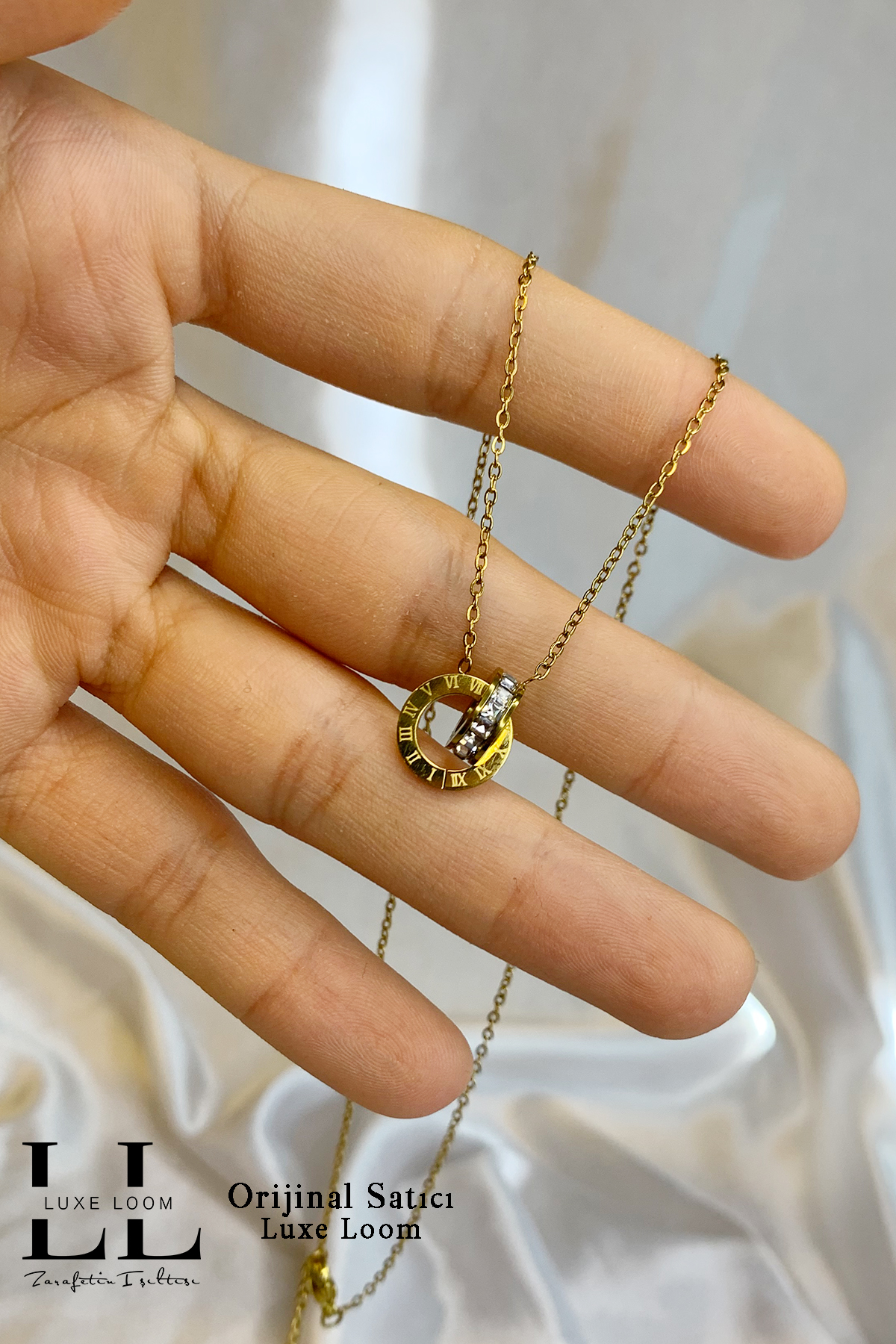 Kadın Gold Kararmayan Çelik Roma Rakamlı Zirkon Taşlı Iç Içe Geçmiş Halka Kolye Küpe Set 001