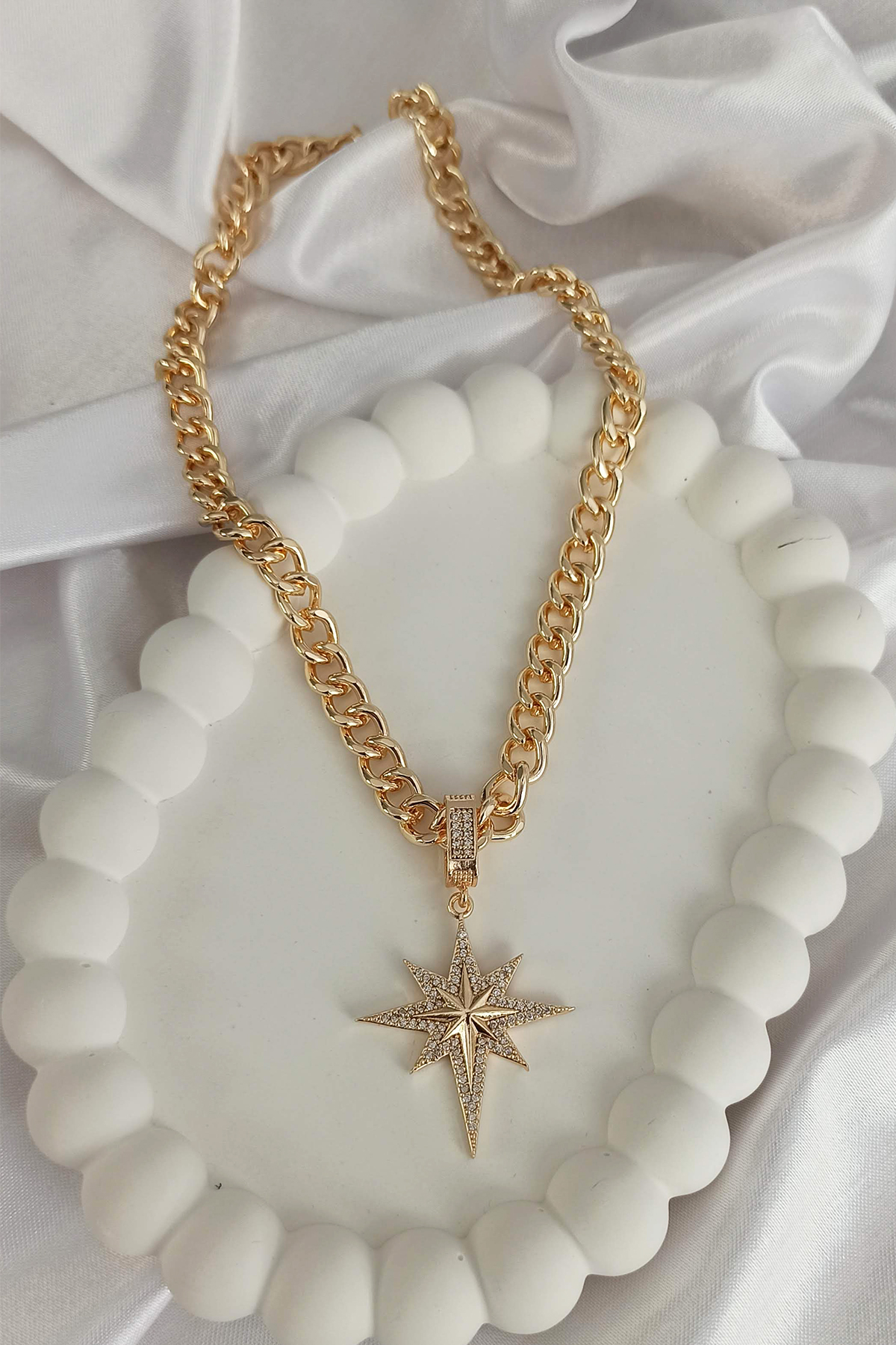 Kadın Gold Renk Kuzey Yıldızlı Zirkon Taşlı Çağla Şikel Kolye 002