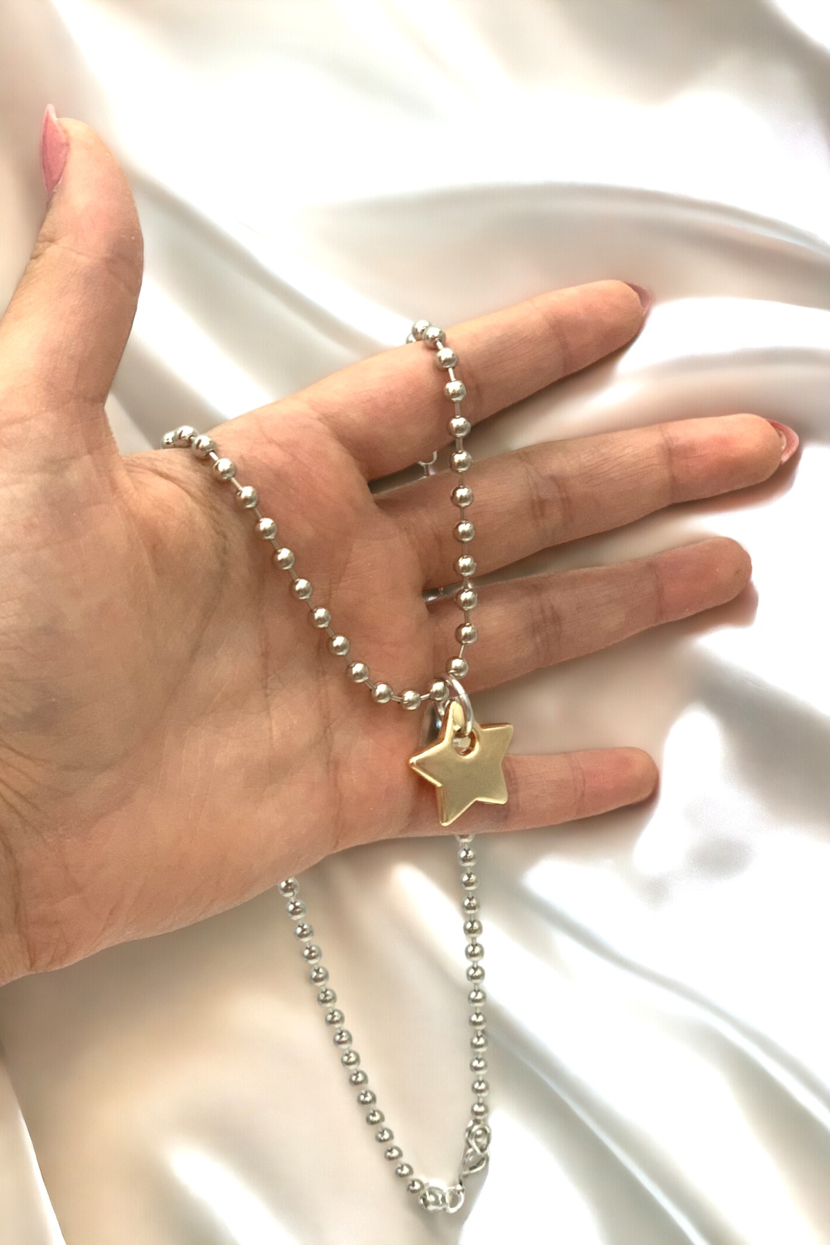 Kadın Gümüş Renk Zincir Gold Yıldız Figürlü Yeni Tasarım Kolye