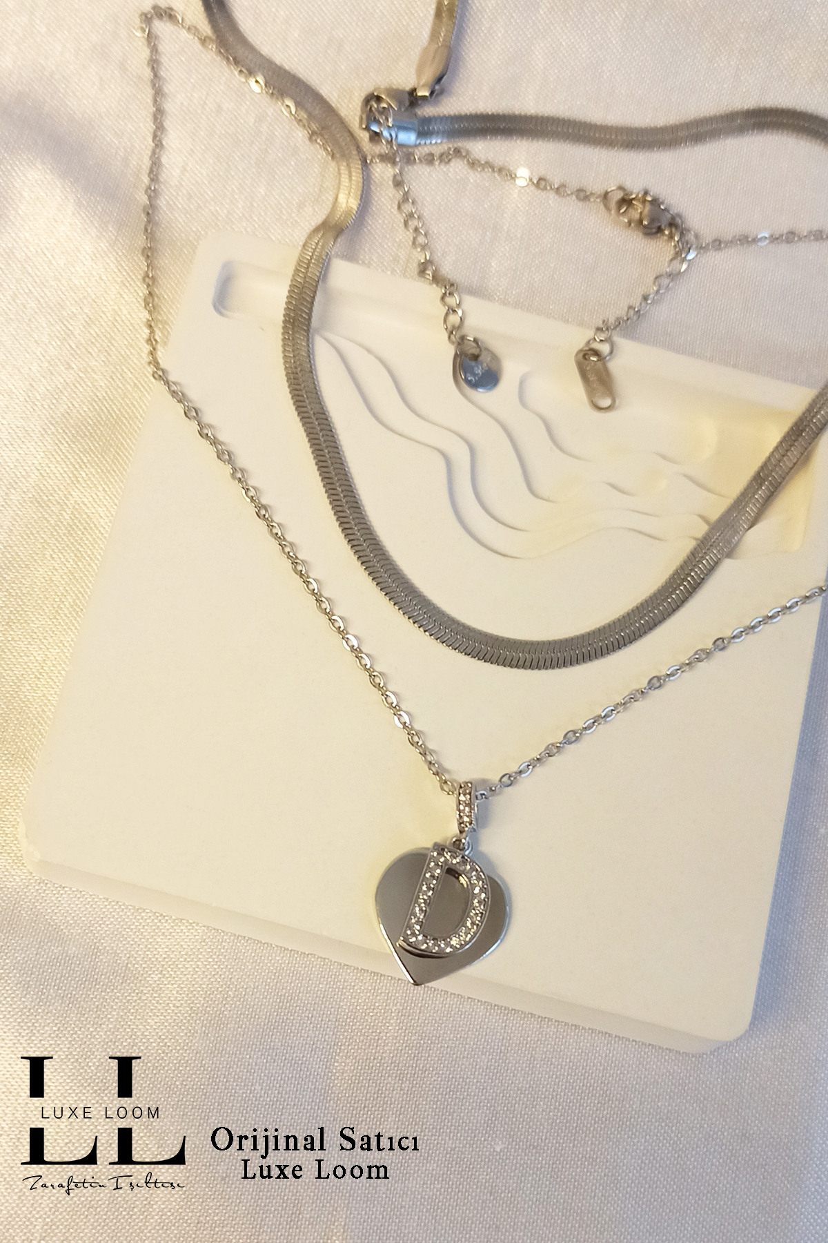 Kadın Kararmayan Çelik Gümüş Renk Italyan Ezme Ve Kalpli Zirkon Taşlı D Harf Kolye Seti 006