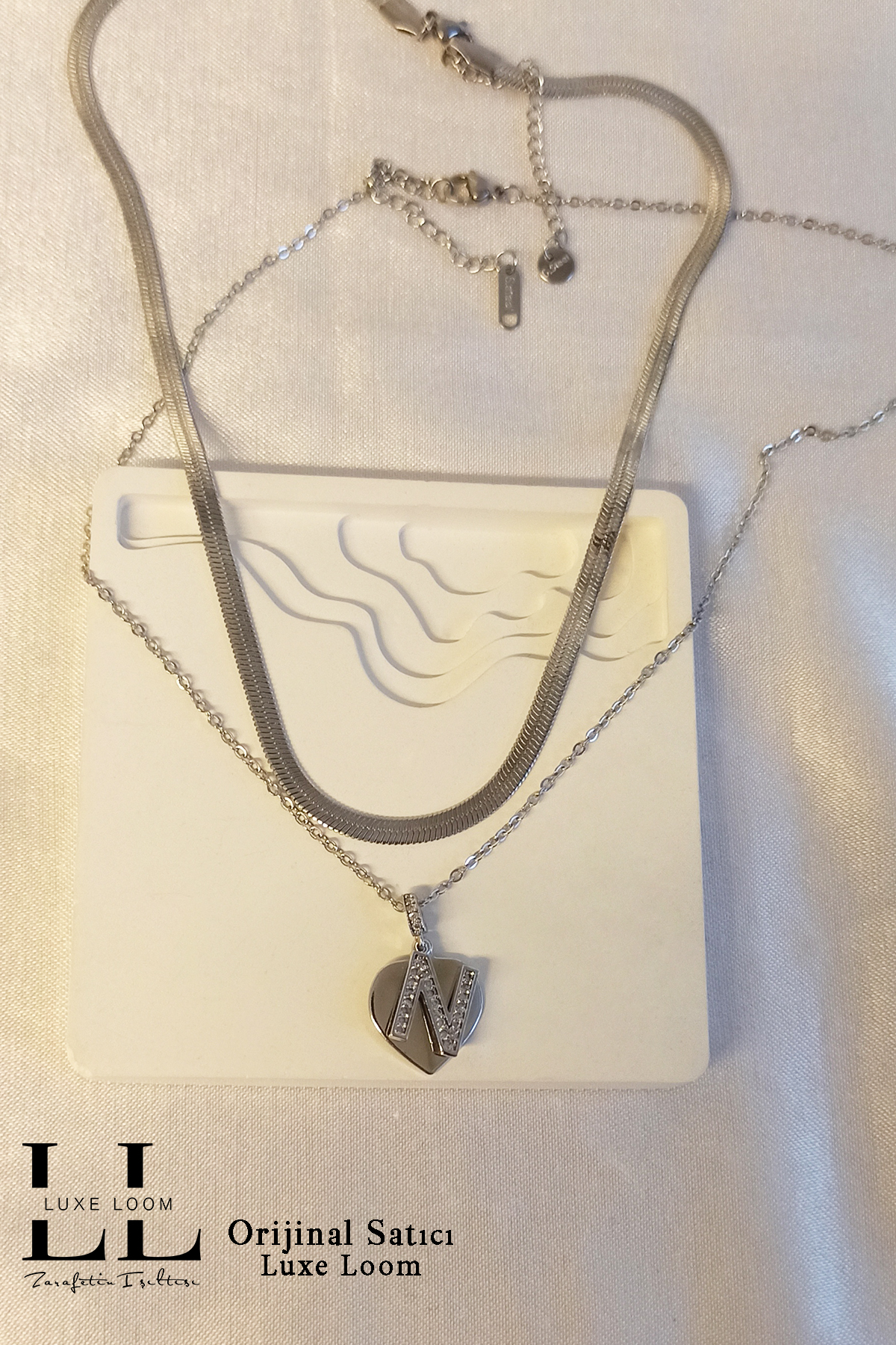 Kadın Kararmayan Çelik Gümüş Renk Italyan Ezme Ve Kalpli Zirkon Taşlı N Harf Kolye Seti 006