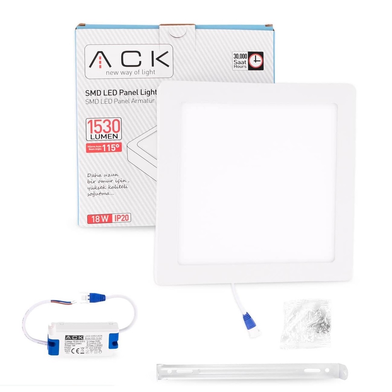 ACK 18W Sıva Üstü Kare LED Panel Armatür Beyaz Gövde 6500K Beyaz Işık