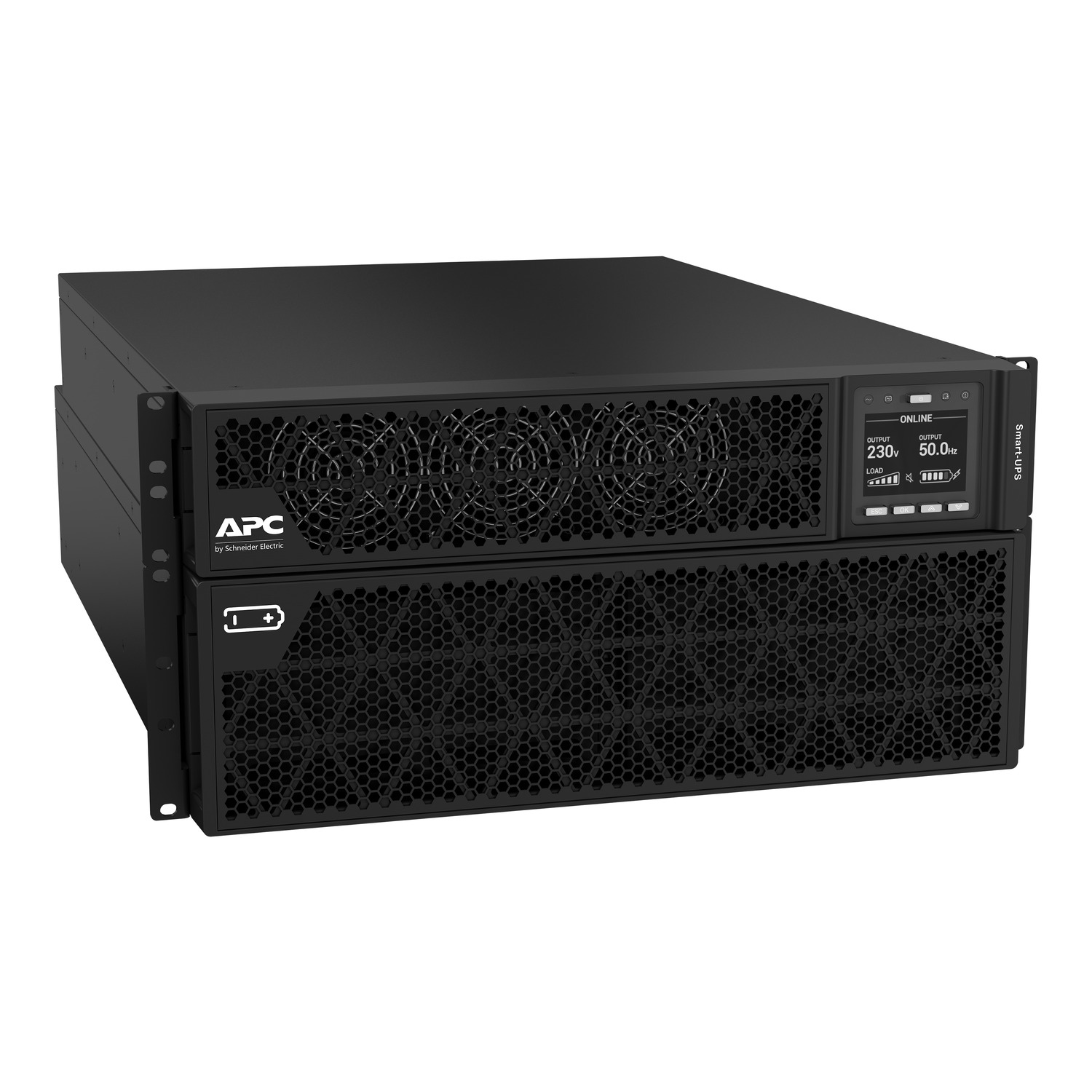 APC Smart-UPS On-Line, 10kVA/10kW, Raf/Kule, 230V, 2x IEC C13+1x IEC C19+Sabit Kablolu 3 Kablolu (H+N+E) Çıkışlar, Ağ Kartı, Ray Kiti Olmadan