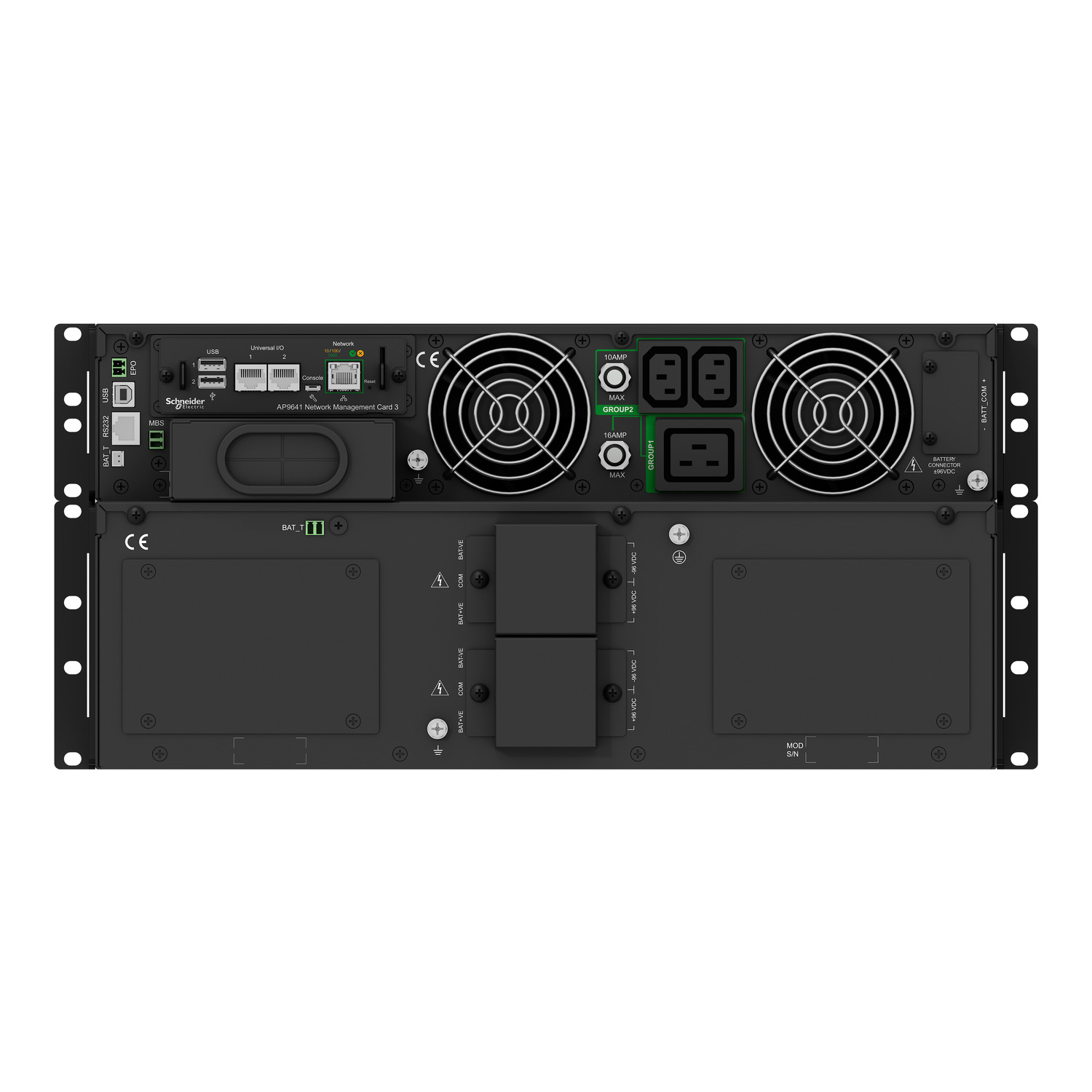 APC Smart-UPS On-Line, 10kVA/10kW, Raf/Kule, 230V, 2x IEC C13+1x IEC C19+Sabit Kablolu 3 Kablolu (H+N+E) Çıkışlar, Ağ Kartı, Ray Kiti Olmadan