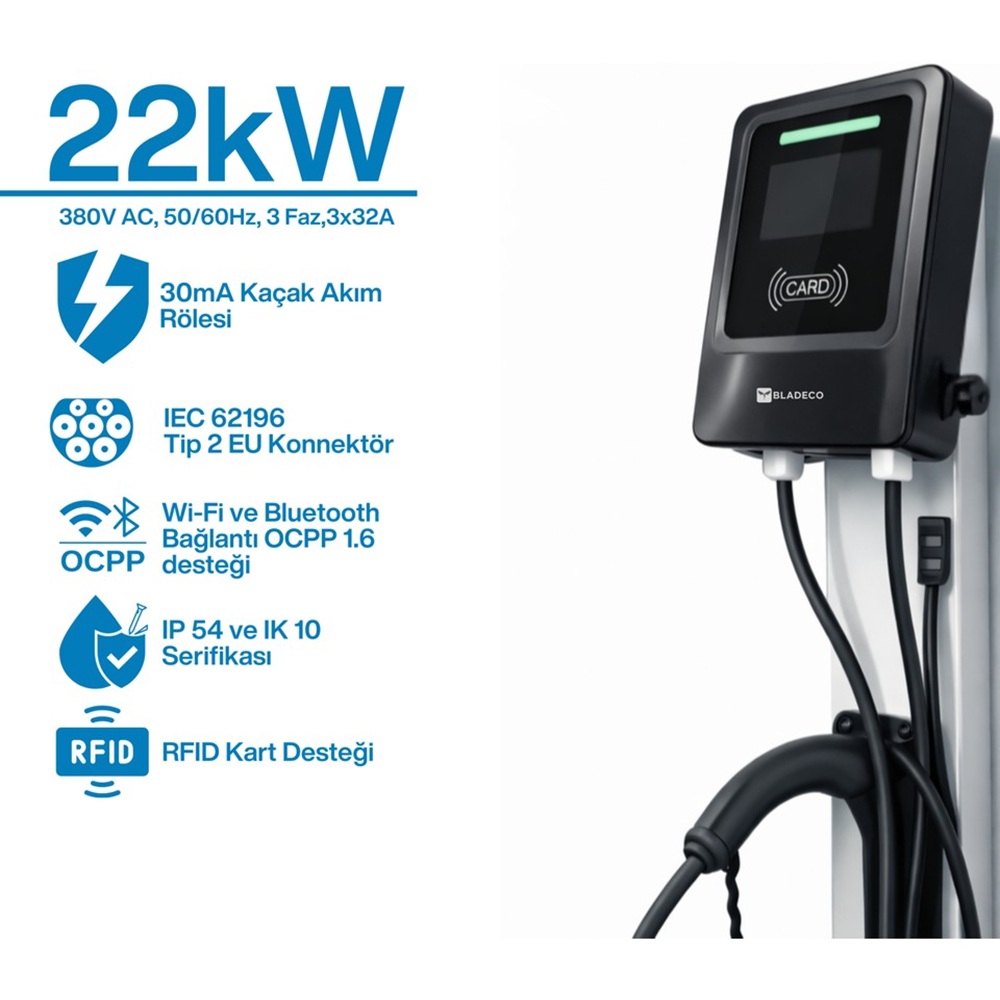 Bladeco BLDC22CGS EV Charger Wallbox 22kW Araç Şarj İstasyonu
