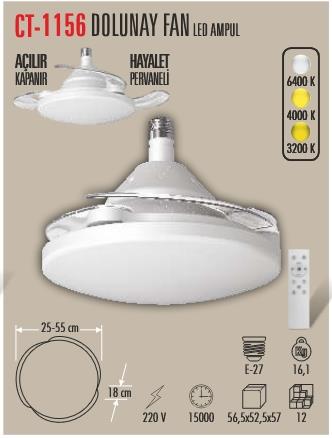 CATA CT-1156 Dolunay 3 Renk Modlu Kumandalı Dimlenebilir Hayalet Pervaneli 72W Ampul