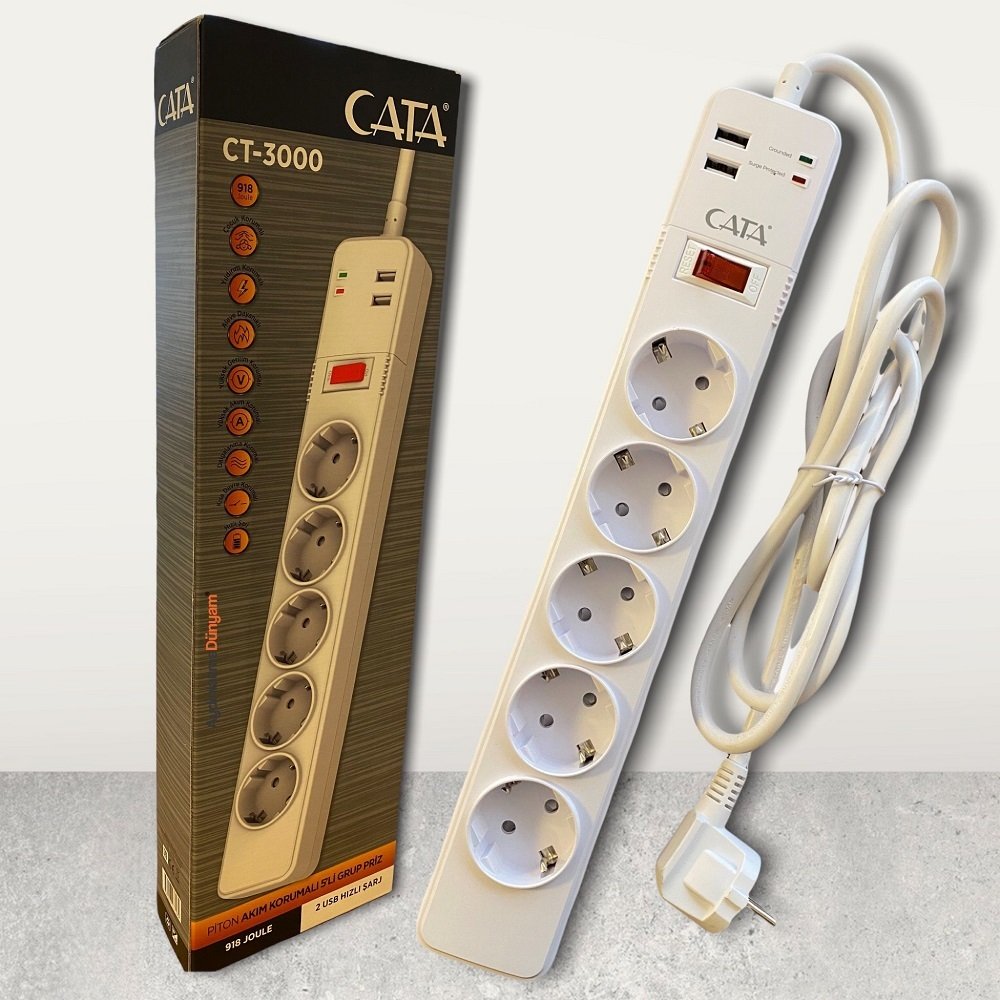 CATA CT-3000 Piton Akım Korumalı Beşli Grup Priz (2 USB Hızlı Şarj)