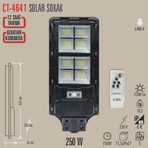 CATA CT-4641 250 Watt Kumandalı Sensörlü LED Solar Projektör Sokak Aydınlatma