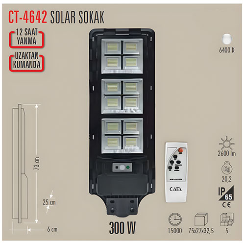 CATA CT-4642 300 Watt Kumandalı Sensörlü LED Solar Projektör Sokak Aydınlatma