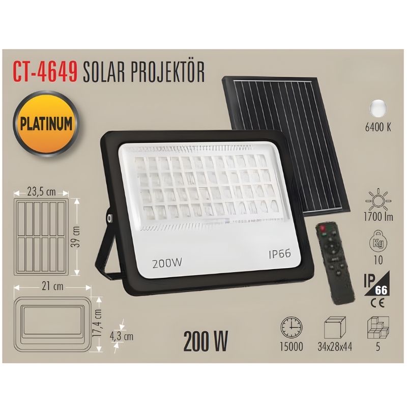 CATA CT-4649 200 Watt Kumandalı Led Solar Projektör Sokak Aydınlatma Güneş Panel