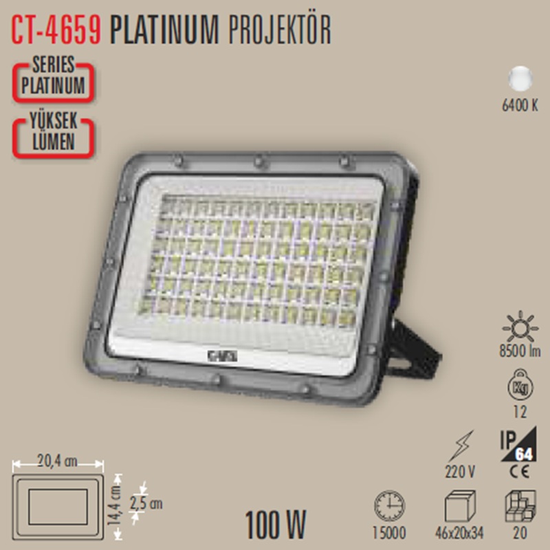 CATA CT-4659 Platinum 100 Watt Slim Kasa Led Projektör Beyaz Işık