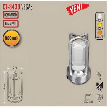 CATA CT-8439 Vegas Gümüş Kasa Dokunmatik Dimmerli Şarjlı Masa Lambası - 3 Renk Işık