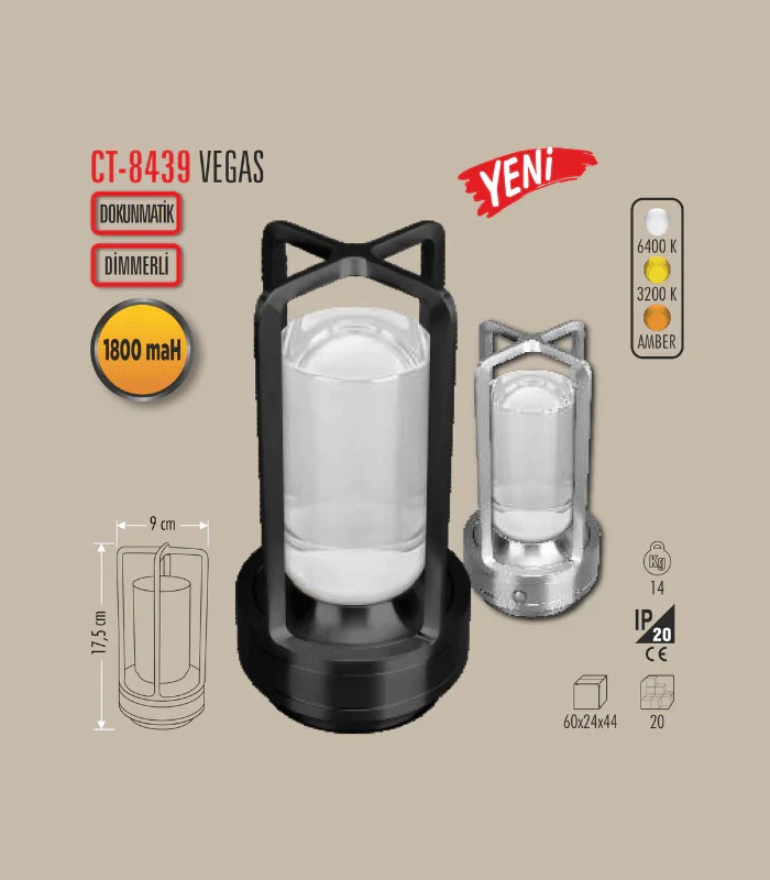 CATA CT-8439 Vegas Siyah Kasa Dokunmatik Dimmerli Şarjlı  Masa Lambası - 3 Renk Işık