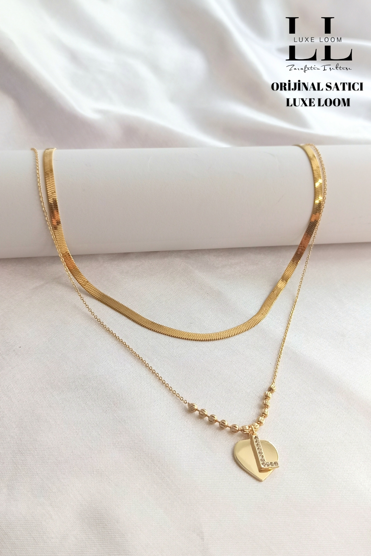 Gold Renk Kalp Üstüne L Harf Çift Katman Kolye Ve Italyan Ezme 2'li Kolye Seti 006