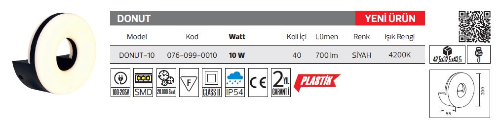 Horoz 076-099-0010 Donut 10 Watt Siyah Dış Mekan LED Aplik - Plastik Kasa - Ilık Beyaz (3000K)
