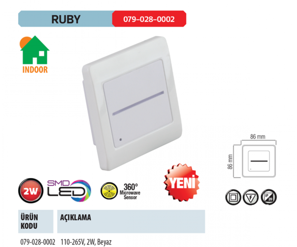 Horoz Ruby 2W Led Gömme Armatür Radar Sensörlü 4000K
