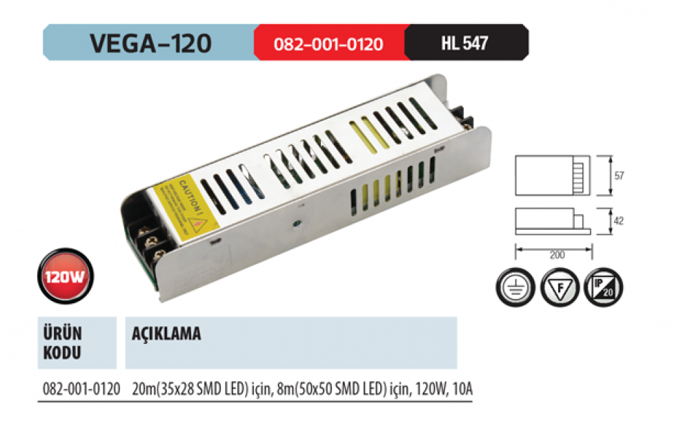 Horoz Vega-120 12V DC 10 Amper 120W Slim Tip Şerit Led Trafosu