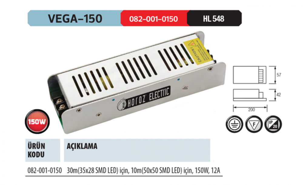 Horoz Vega-150 12V DC 12 Amper 150W Slim Tip Şerit Led Trafosu