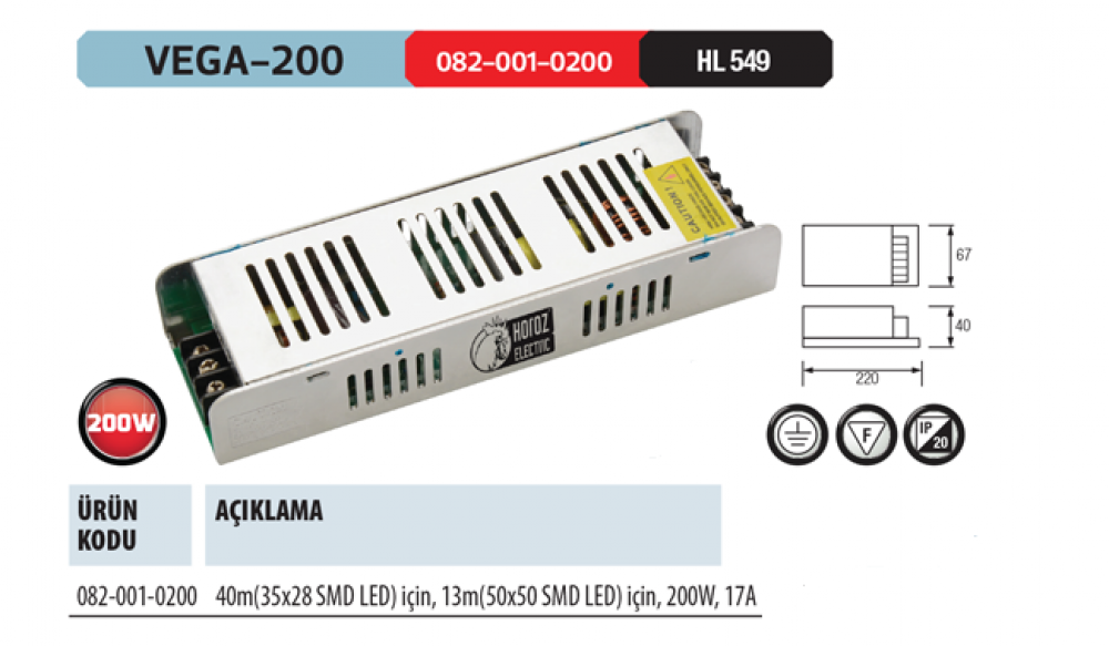 Horoz Vega-200 12V DC 17 Amper 200W Slim Tip Şerit Led Trafosu