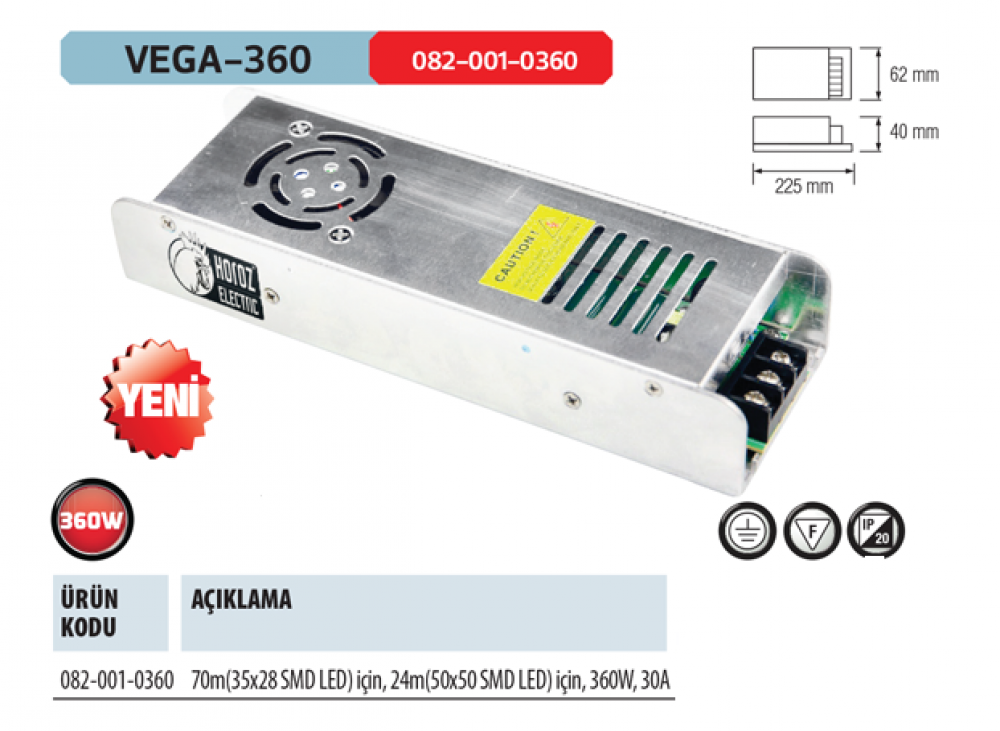Horoz Vega-360 12V DC 30 Amper 360W Slim Tip Şerit Led Trafosu