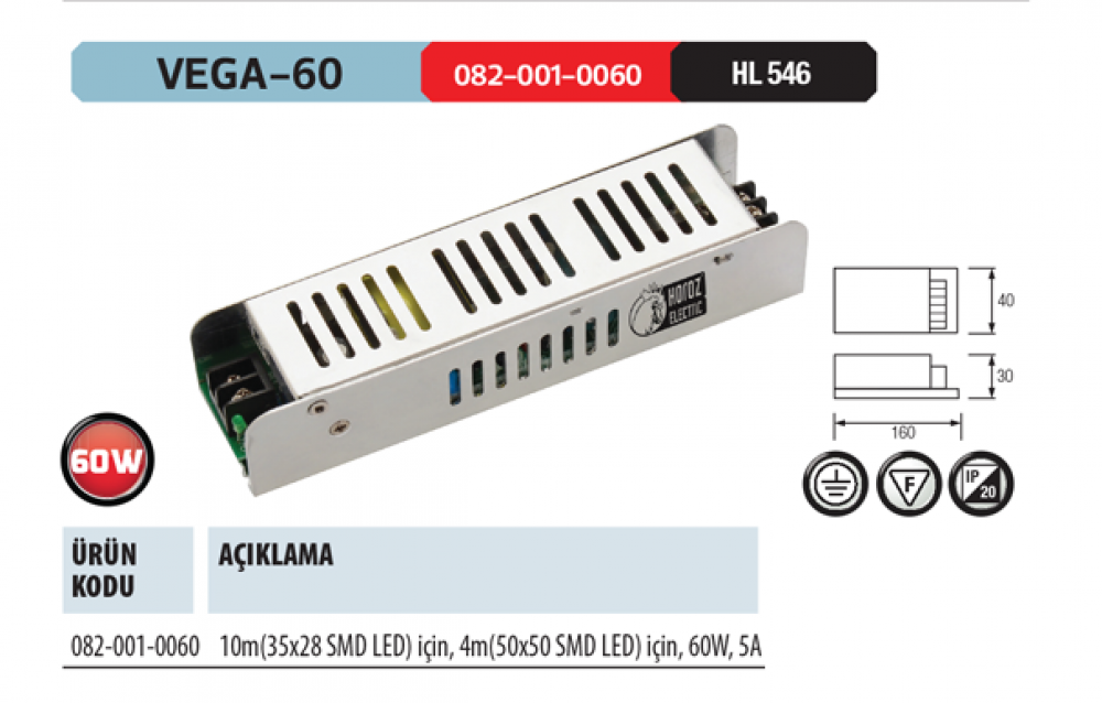Horoz Vega-60 12V DC 5Amper 60W Slim Tip Şerit Led Trafosu