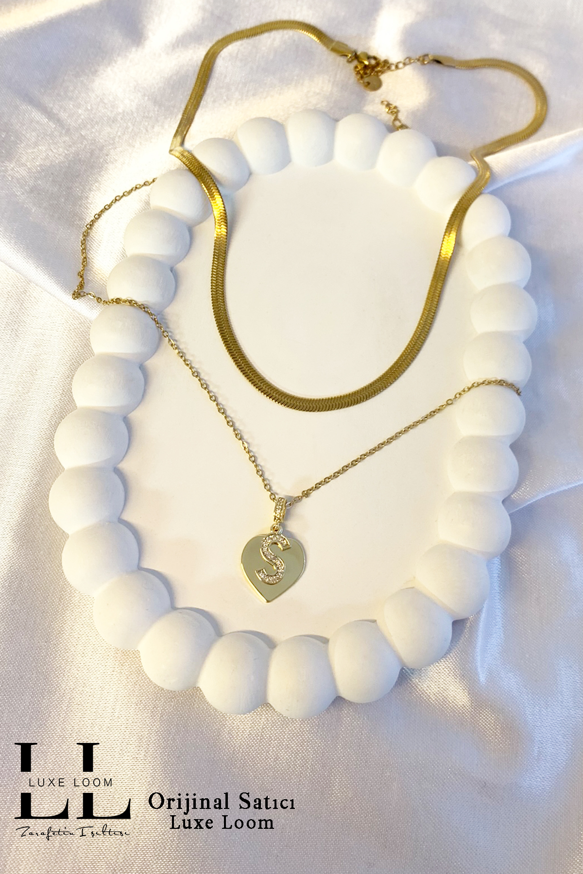 Kadın Gold Çelik Italyan Ezme Kolye Ve Kalp S Harfli Çift Katman Kolye 2li Kolye Seti 006