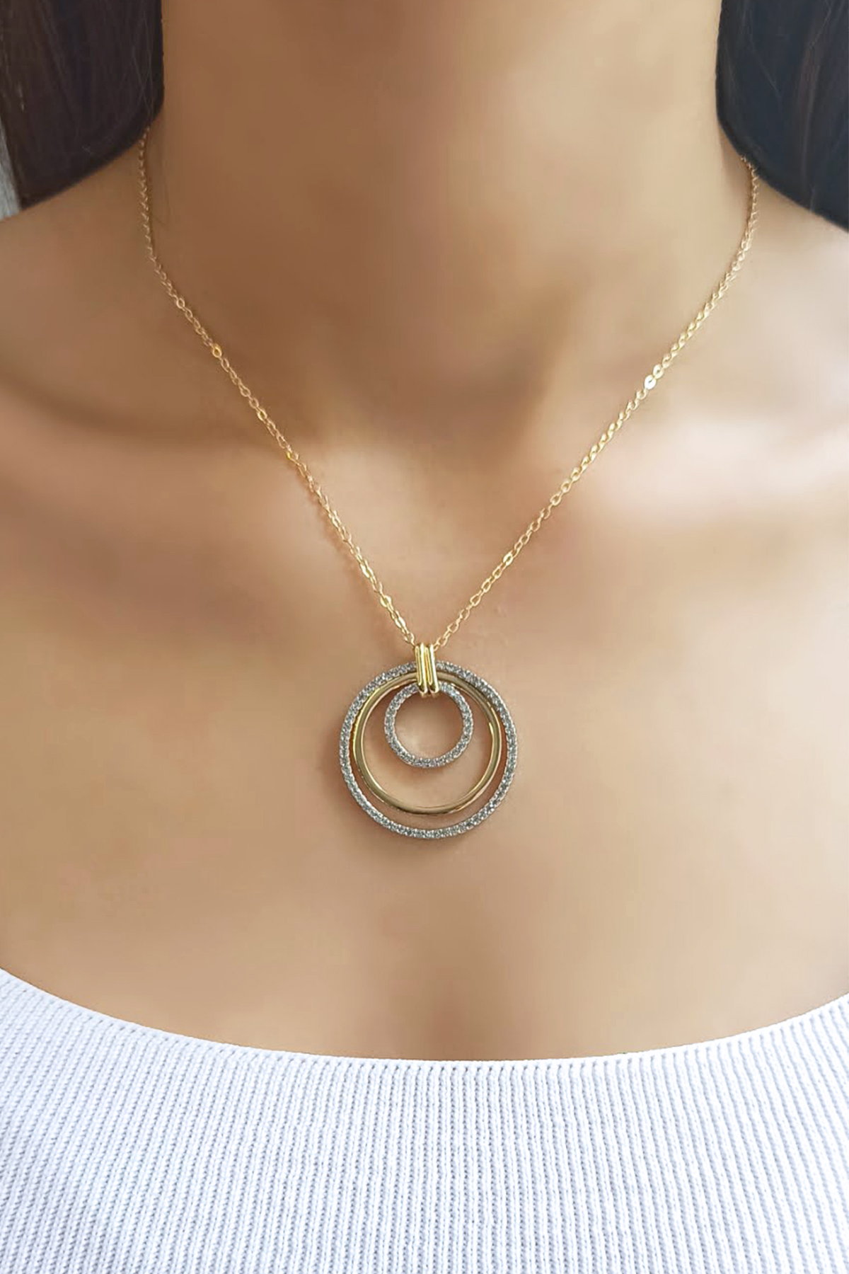 Kadın Gold & Gümüş Renk Zirkon Taşlı Iç Içe Halkalar Şık Kolye