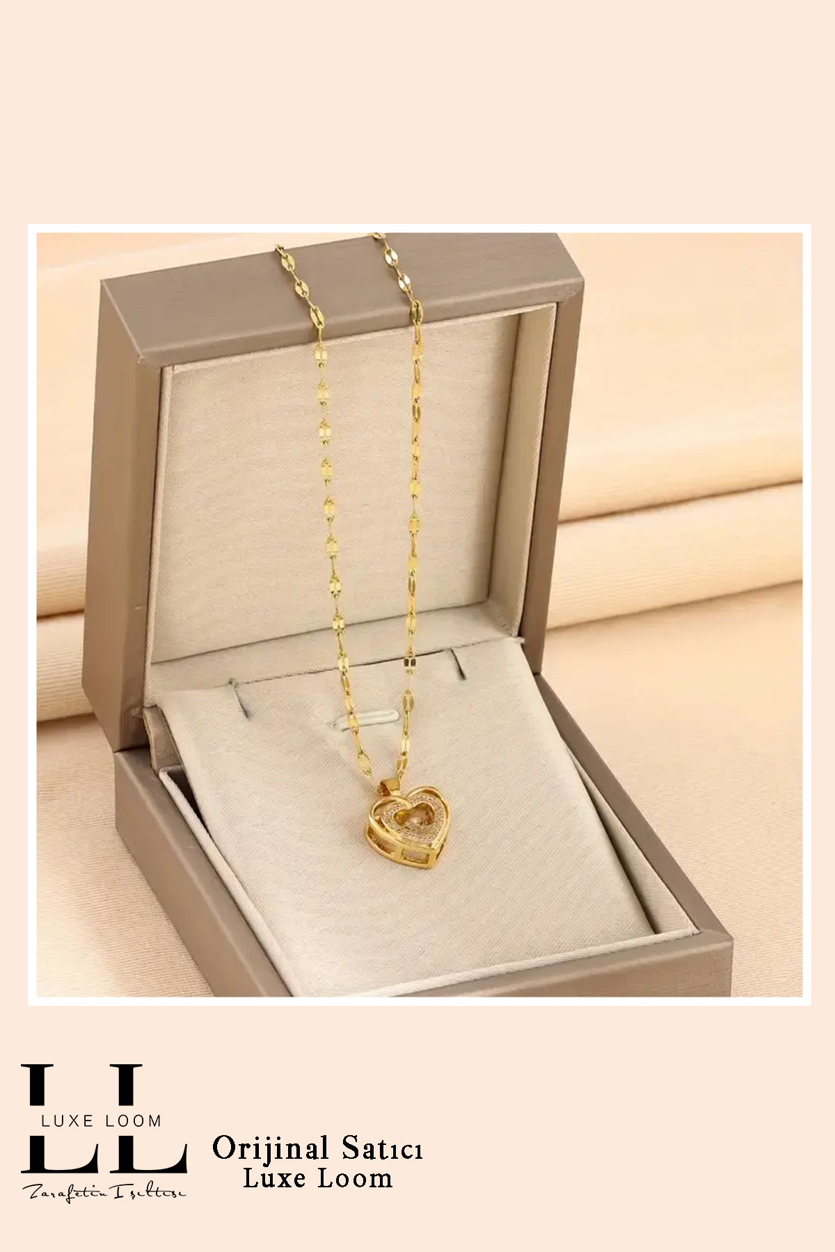 Kadın Gold Kararmayan Çelik Şık Çift Katmanlı Oyma Kalp Kolye 001