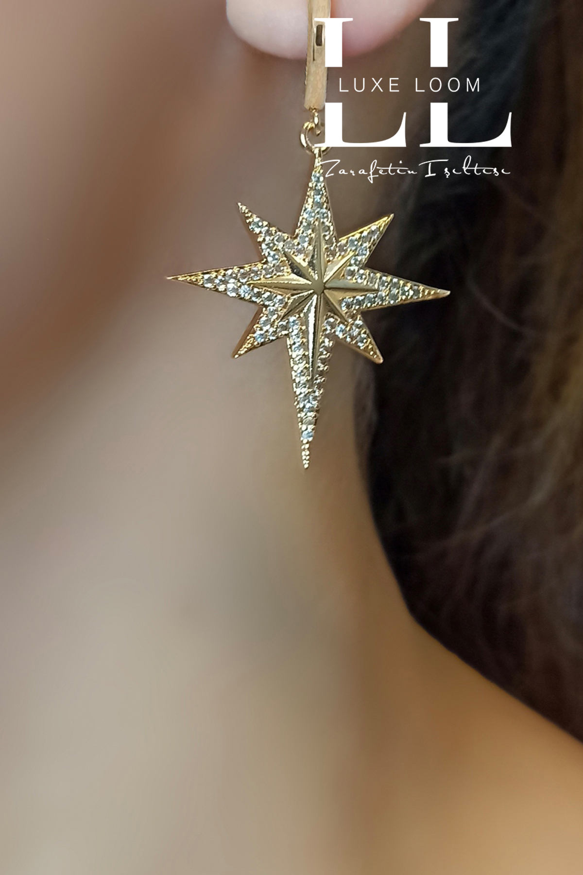 Kadın Gold Kuzey Yıldızlı Zirkon Taşlı Çağla Şikel Küpe 003