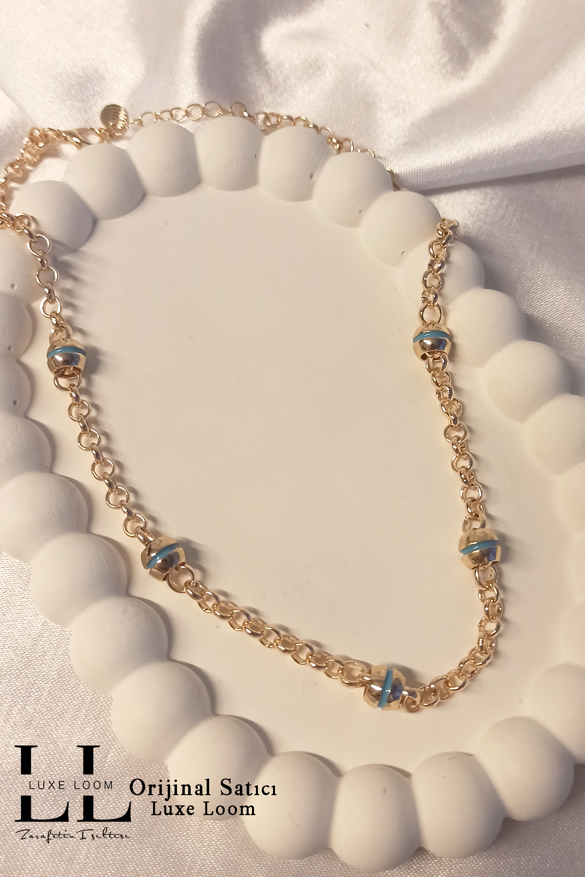 Kadın Gold Mavi Şerit Detaylı Boncuk Kolye