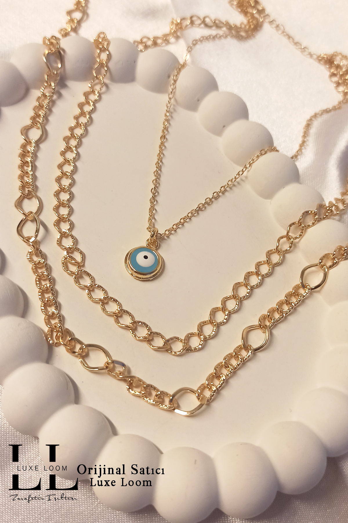 Kadın Gold Nazar Boncuklu Üçlü Tasarım Kolye 008