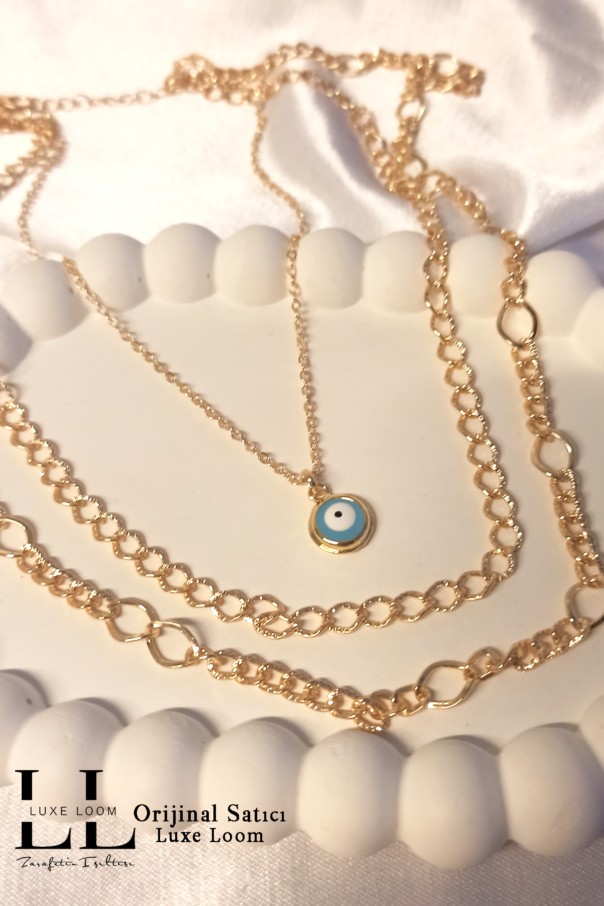 Kadın Gold Nazar Boncuklu Üçlü Tasarım Kolye 008