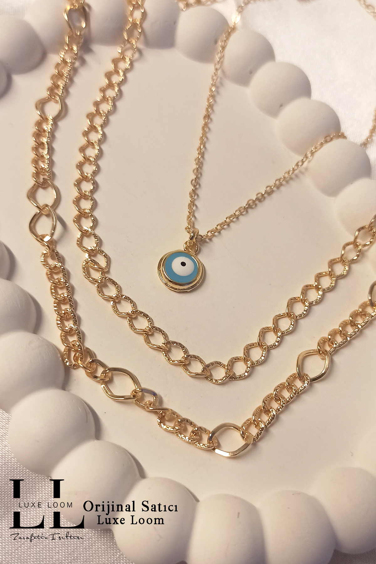 Kadın Gold Nazar Boncuklu Üçlü Tasarım Kolye 008
