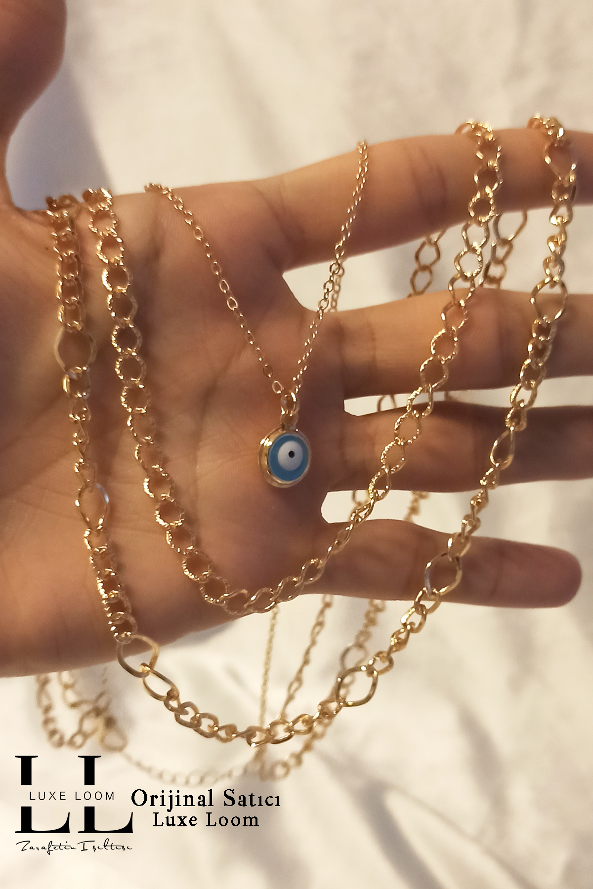Kadın Gold Nazar Boncuklu Üçlü Tasarım Kolye 008