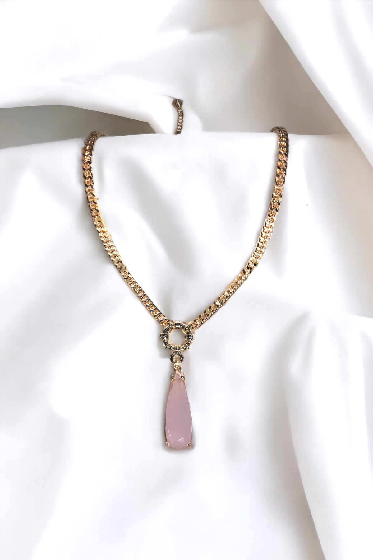 Kadın Gold Özel Kesim Pembe Su Damlası Kolye