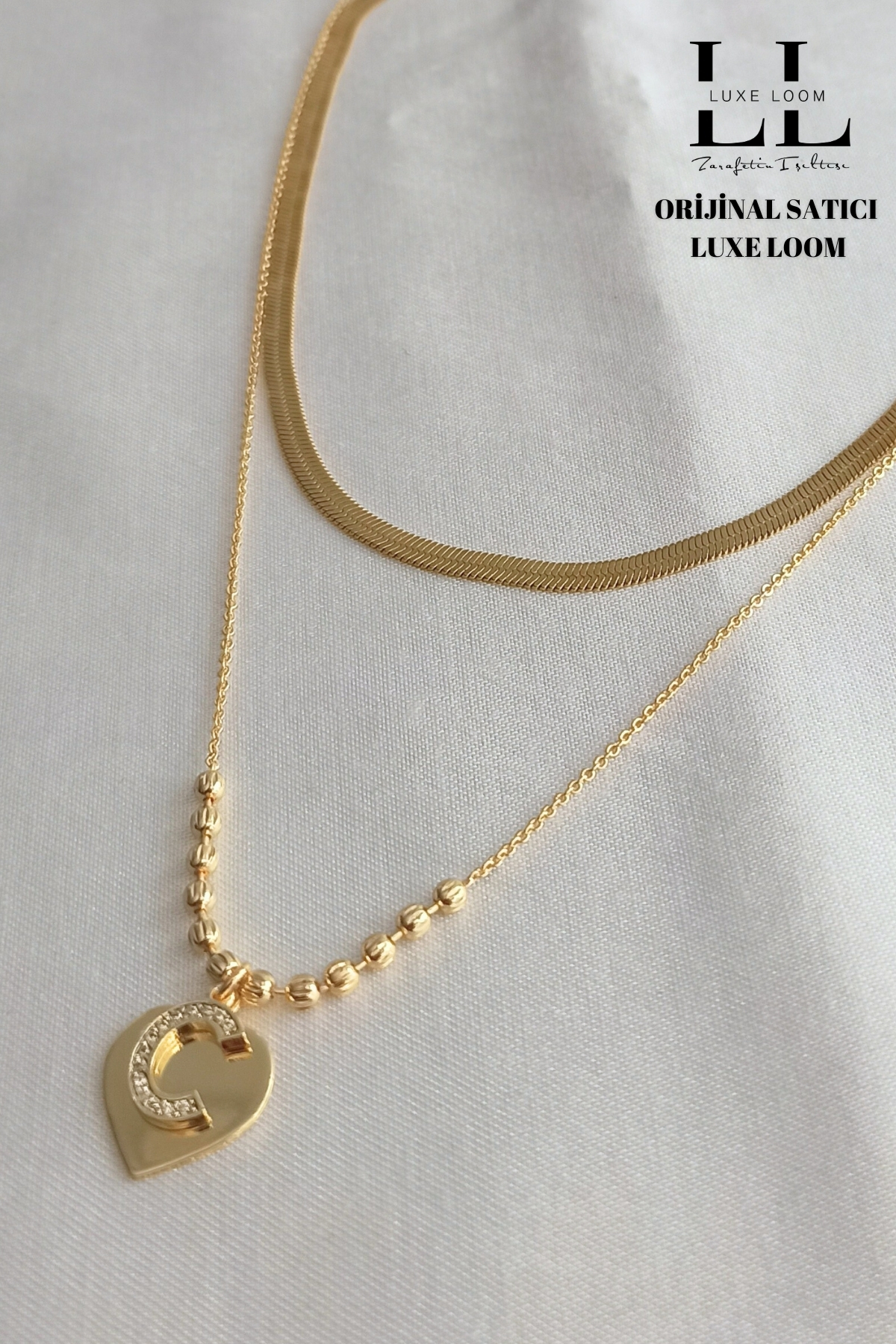 Kadın Gold Renk Italyan Ezme Kolye Ve Kalp Üstüne C Harfli Çift Katman Kolye 2li Kolye Seti 006