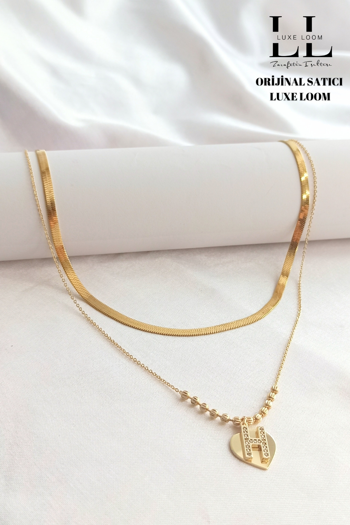 Kadın Gold Renk Italyan Ezme Kolye Ve Kalp Üstüne H Harfli Çift Katman Kolye 2li Kolye Seti 006