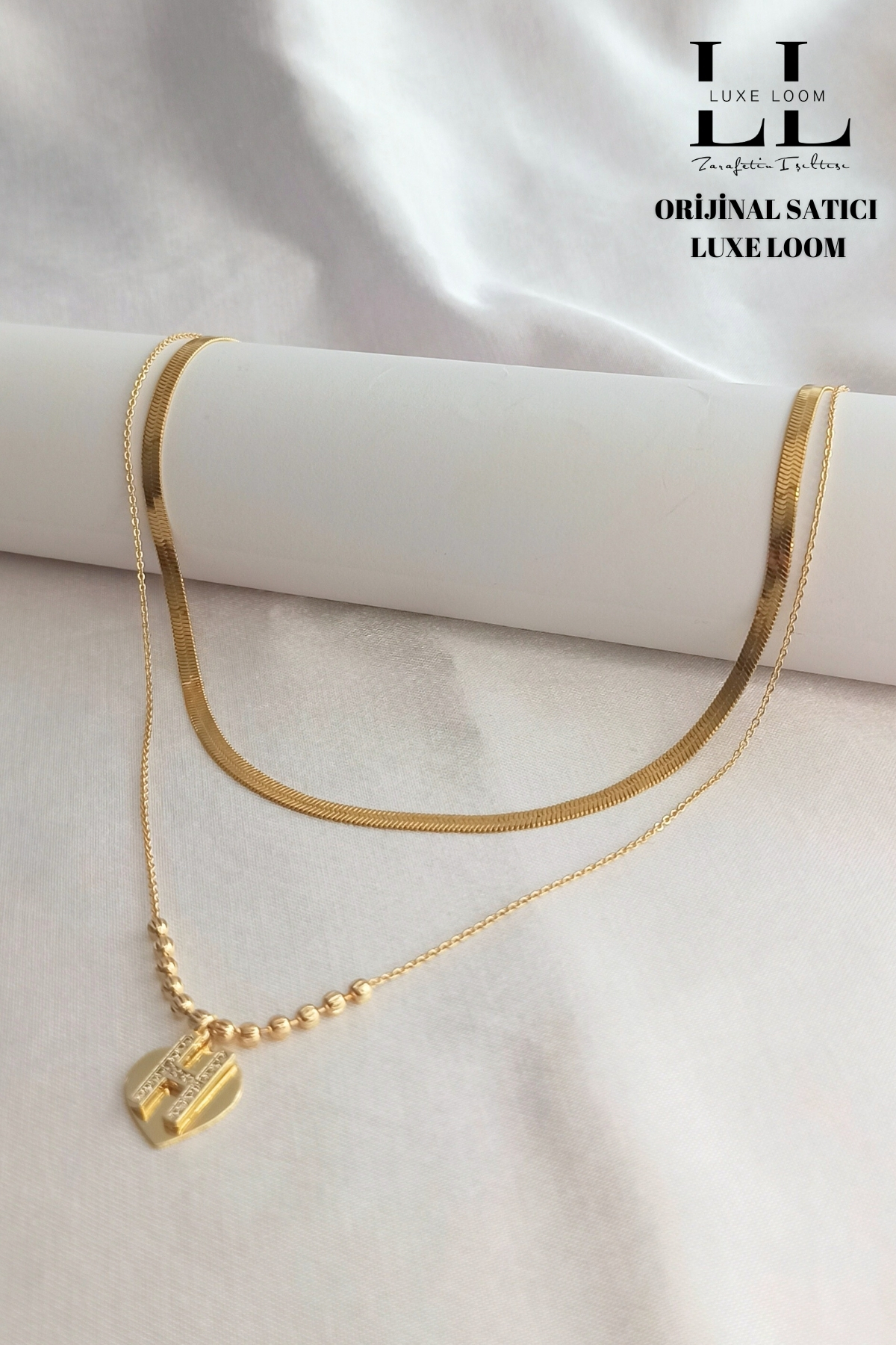 Kadın Gold Renk Italyan Ezme Kolye Ve Kalp Üstüne H Harfli Çift Katman Kolye 2li Kolye Seti 006