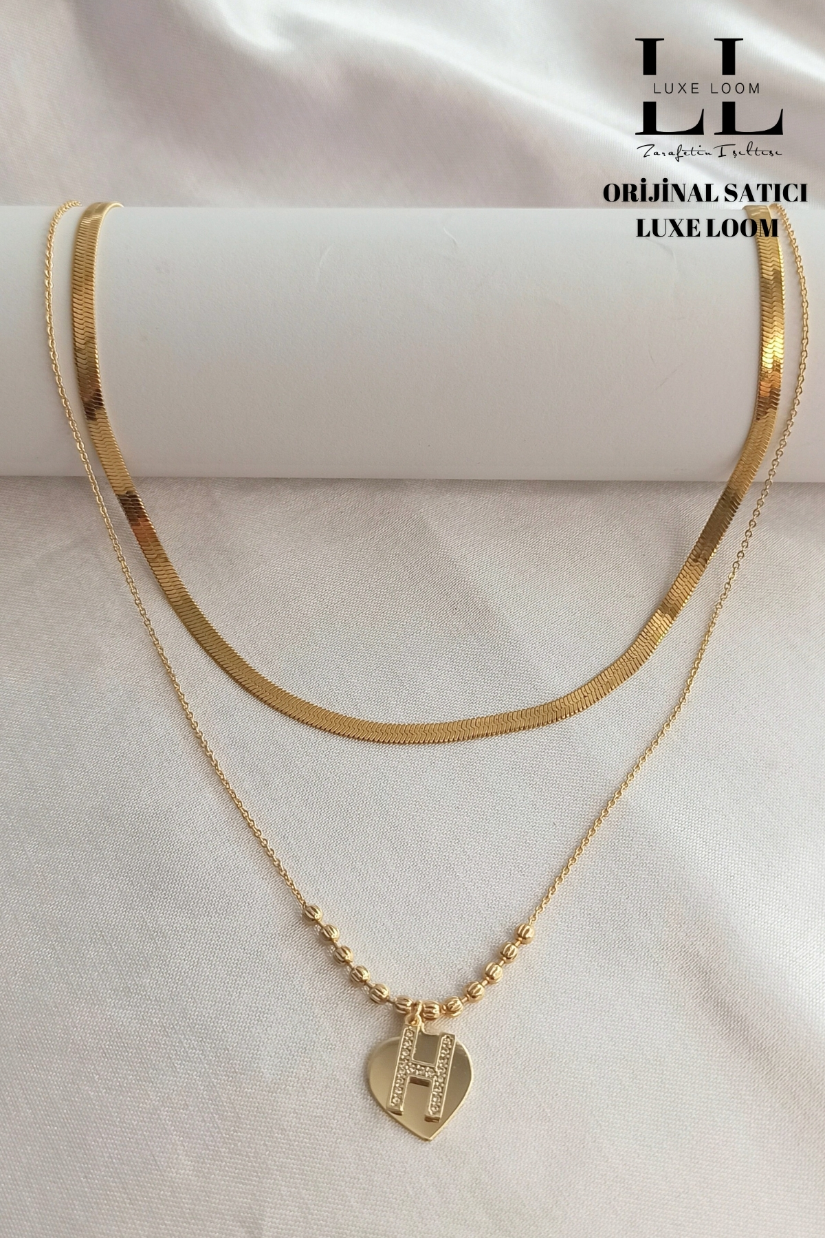 Kadın Gold Renk Italyan Ezme Kolye Ve Kalp Üstüne H Harfli Çift Katman Kolye 2li Kolye Seti 006