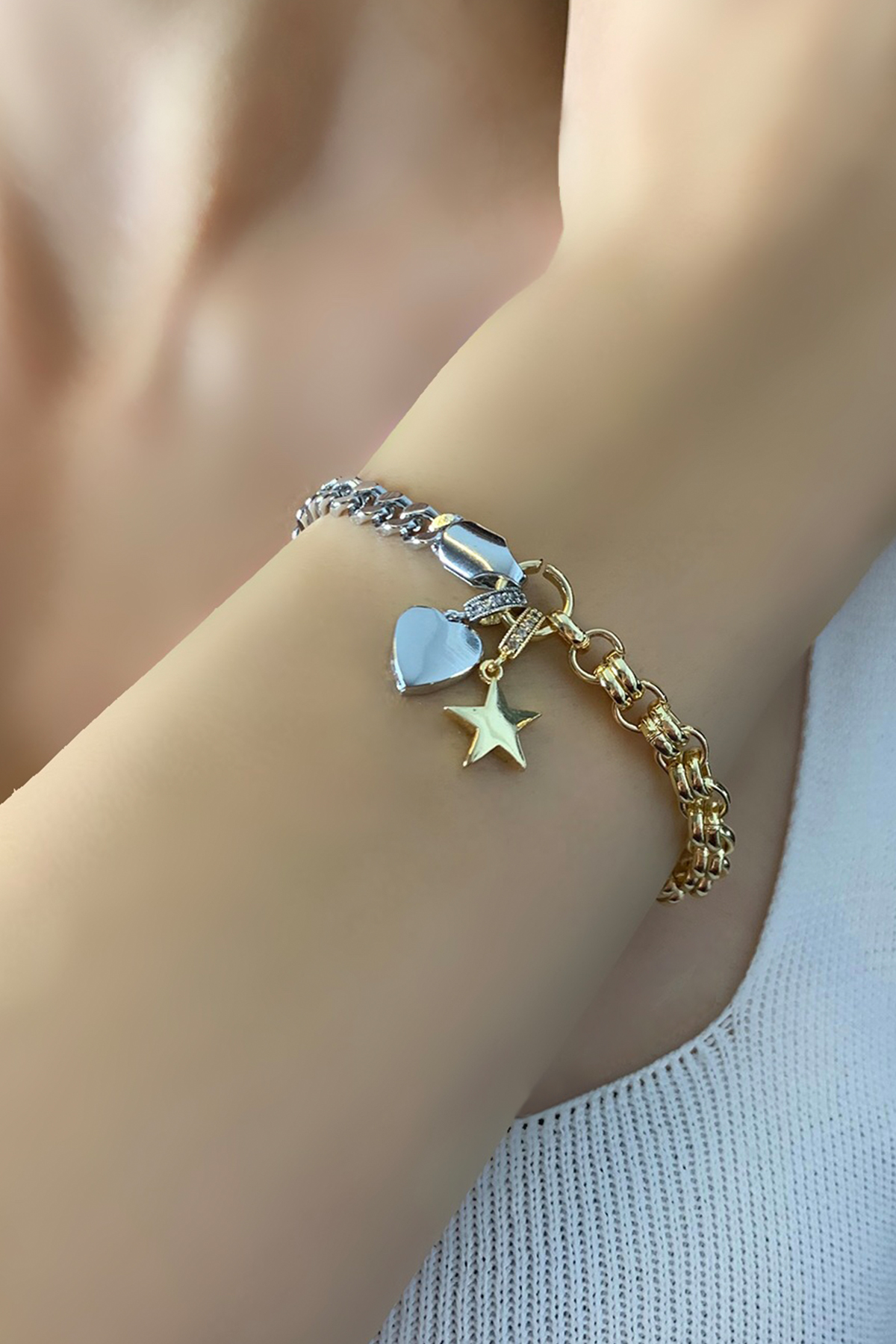 Kadın Gold Zincir Zirkon Taşlı Yıldız Ve Gümüş Renk Zincir Zirkon Taşlı Kalp Bileklik