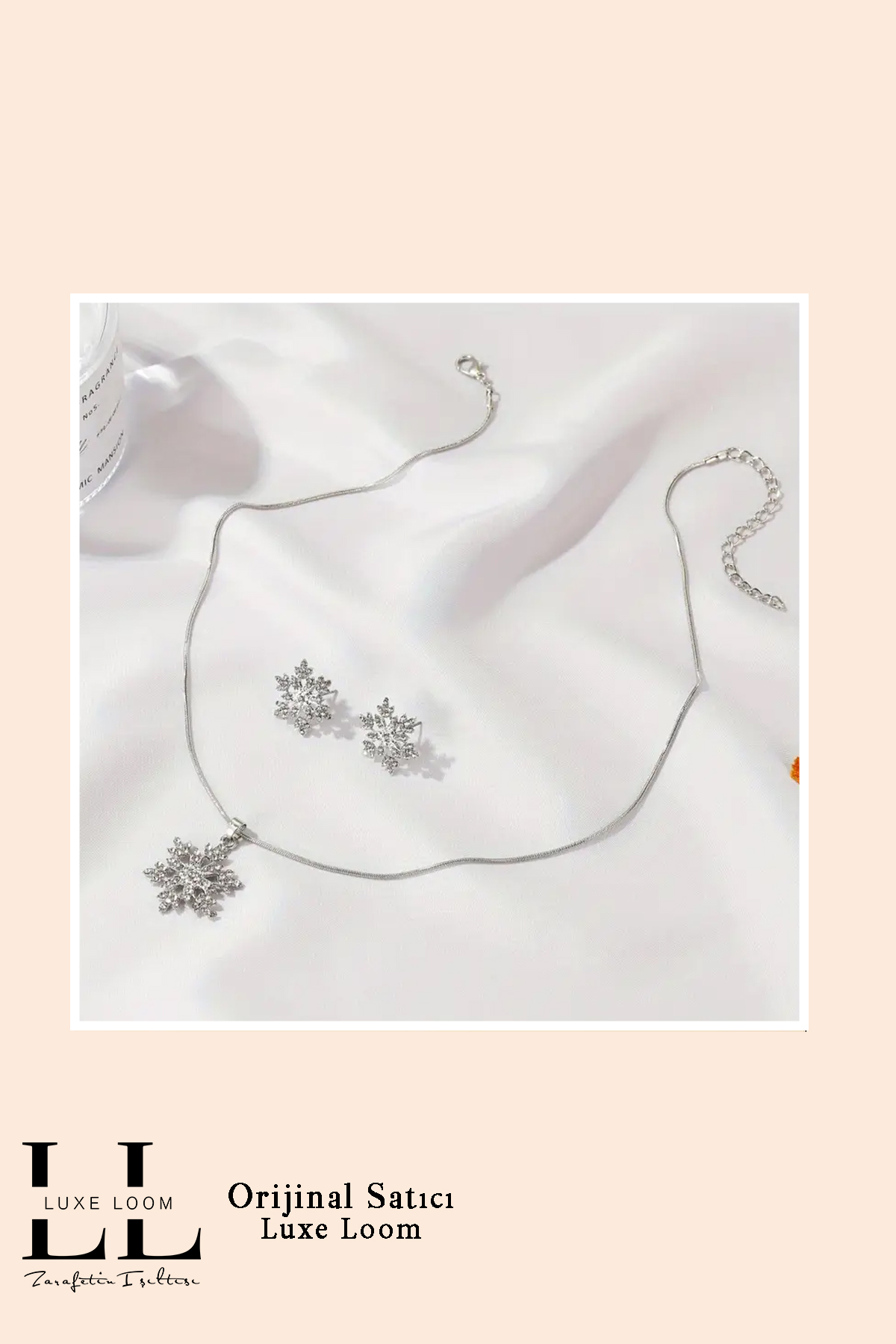 Kadın Gümüş Kararmayan Çelik Zirkon Taşlı Kar Tanesi Kolye Küpe Seti 001