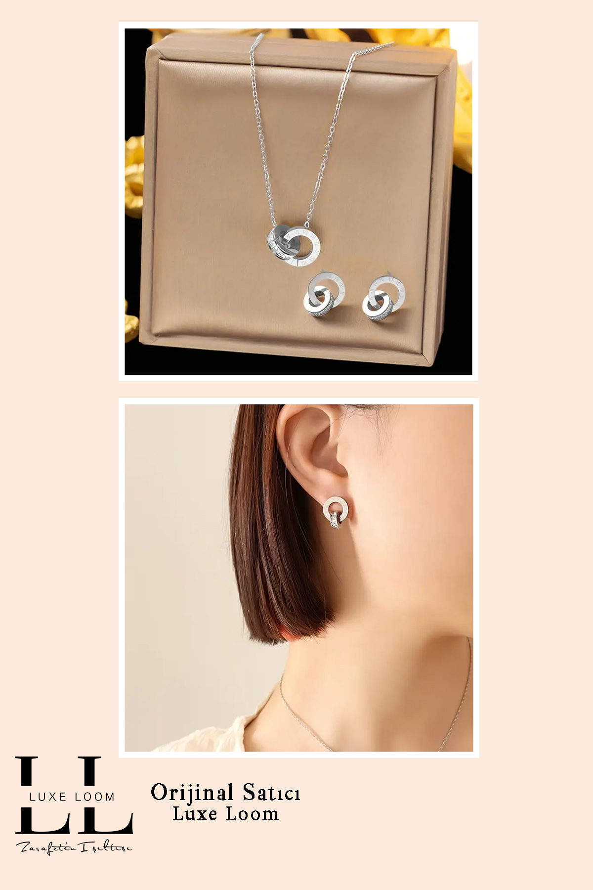 Kadın Gümüş Renk Kararmayan Roma Rakamlı Zirkon Taşlı Iç Içe Geçmiş Halka Kolye Küpe Set 001