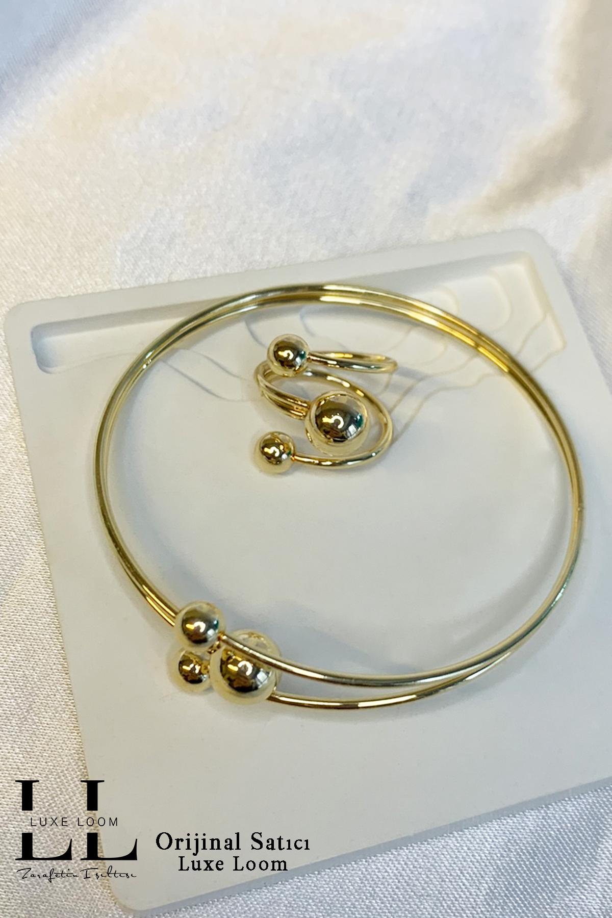 Kadın Kararmayan Çelik Ayarlanabilir Şık Stres Bilekliği Yüzük Seti 001