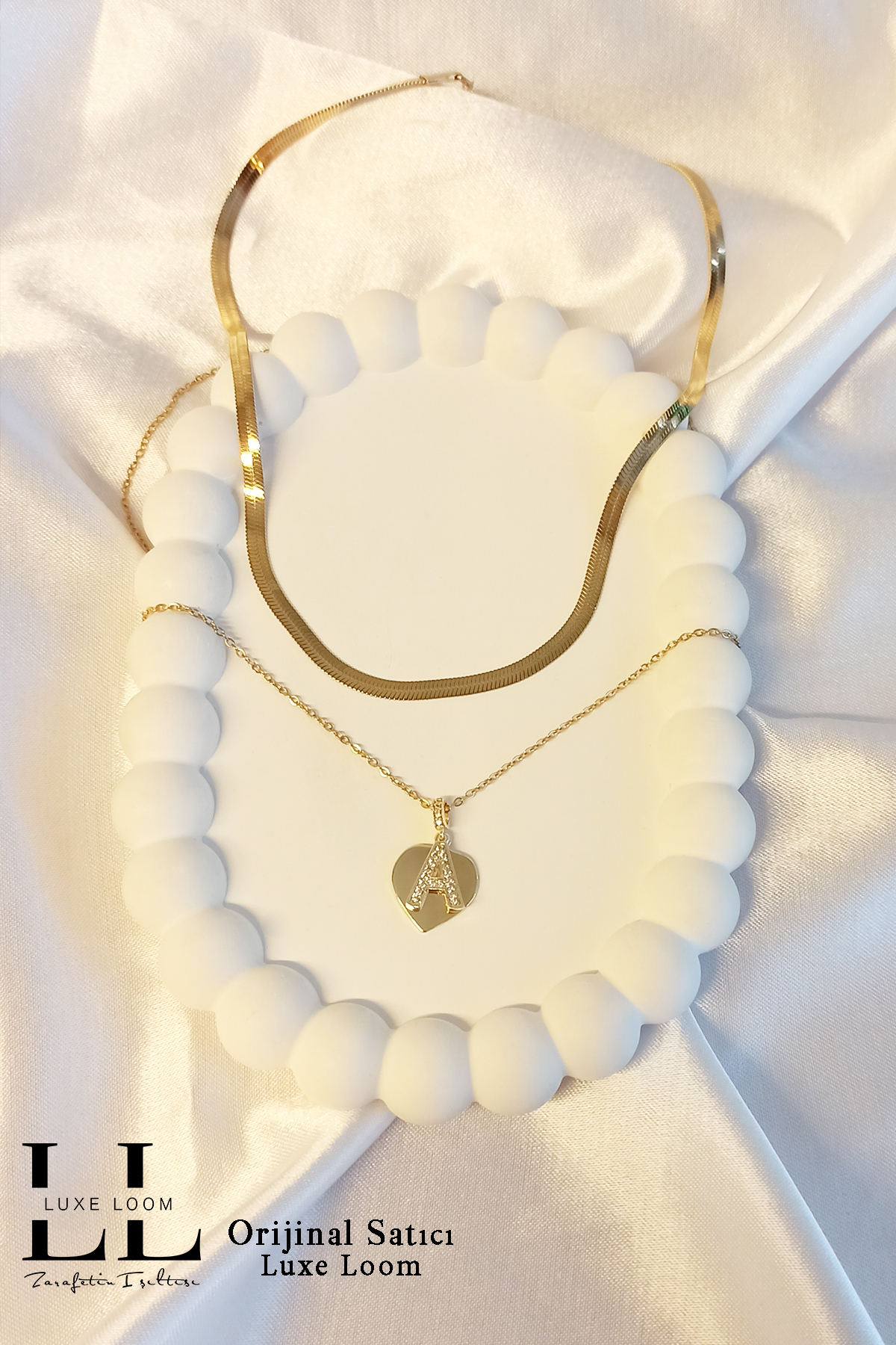 Kadın Kararmayan Çelik Gold Renk Italyan Ezme Ve Kalpli Zirkon Taşlı A Harf Kolye Seti 006