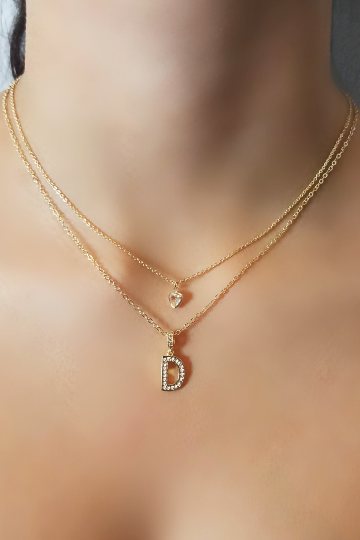 Kadın Kararmayan Çelik Gold Renk Zirkon Taşlı Küçük Kalpli D Harfli Çift Katman Kolye 006