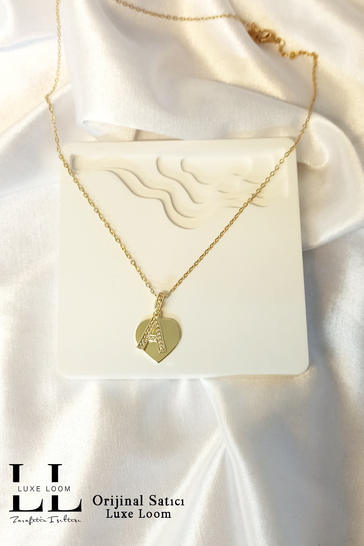 Kadın Kararmayan Çelik Gold Zirkon Taşlı Kalp Üstüne A Harfli Çift Katman Kolye 006