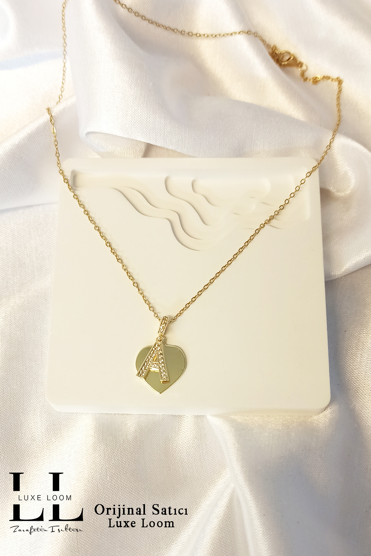 Kadın Kararmayan Çelik Gold Zirkon Taşlı Kalp Üstüne A Harfli Çift Katman Kolye 006