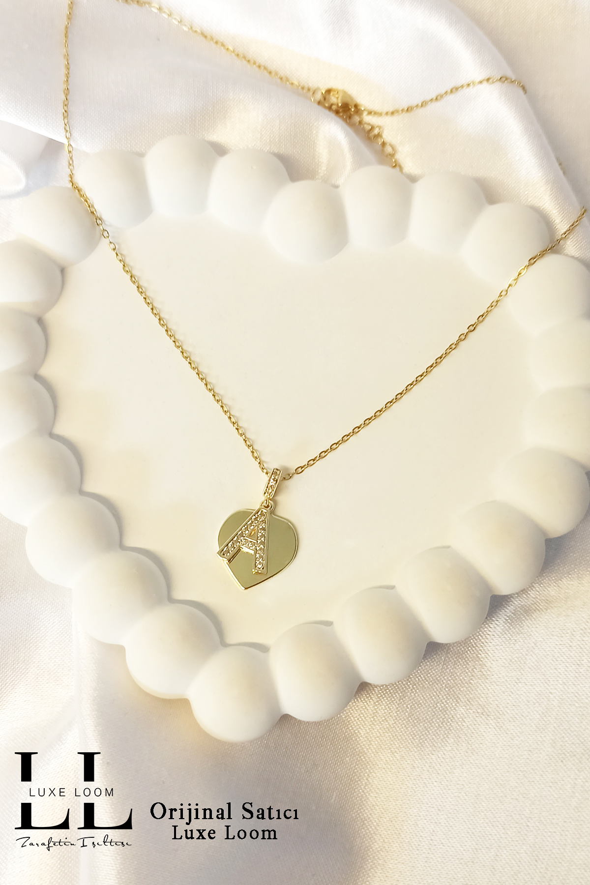 Kadın Kararmayan Çelik Gold Zirkon Taşlı Kalp Üstüne A Harfli Çift Katman Kolye 006