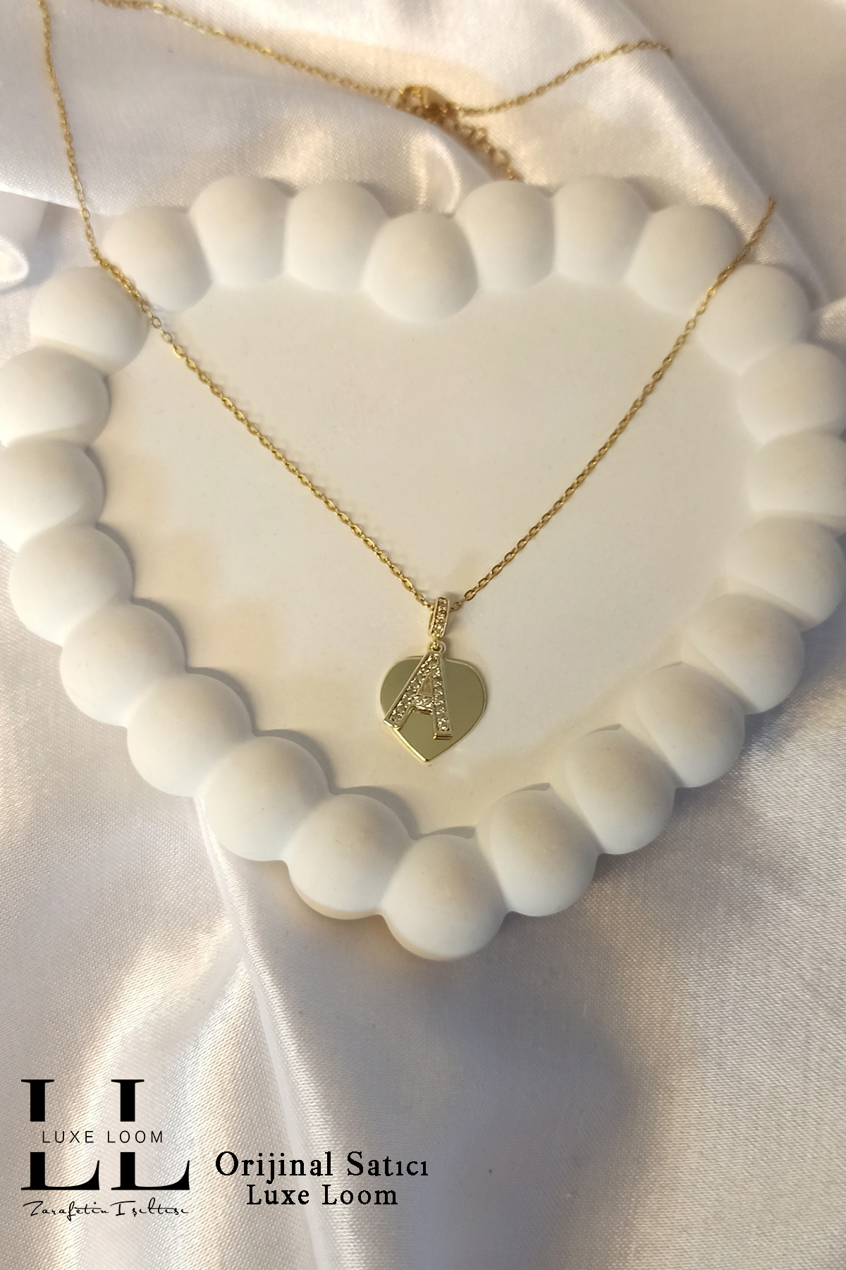 Kadın Kararmayan Çelik Gold Zirkon Taşlı Kalp Üstüne A Harfli Çift Katman Kolye 006