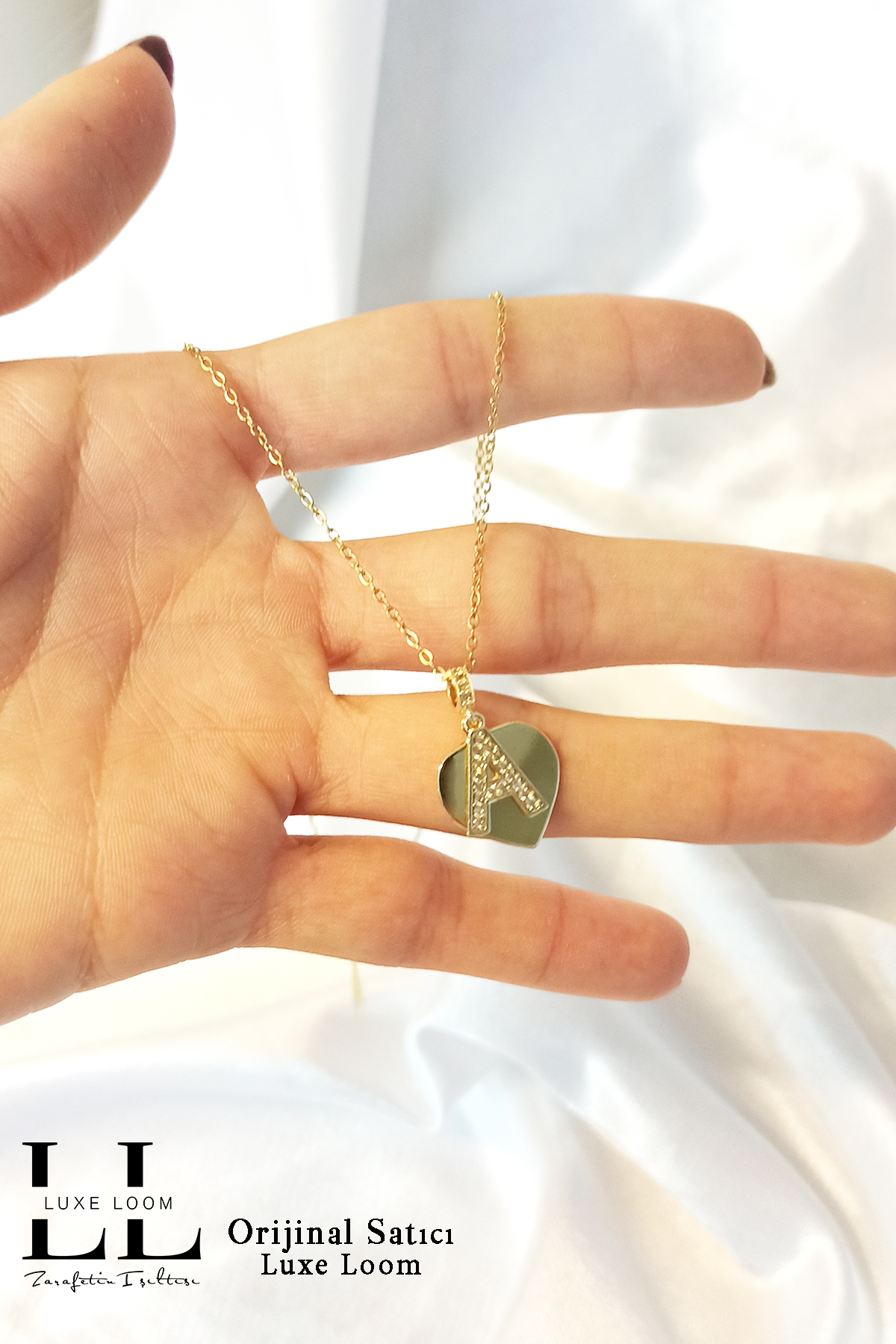 Kadın Kararmayan Çelik Gold Zirkon Taşlı Kalp Üstüne A Harfli Çift Katman Kolye 006